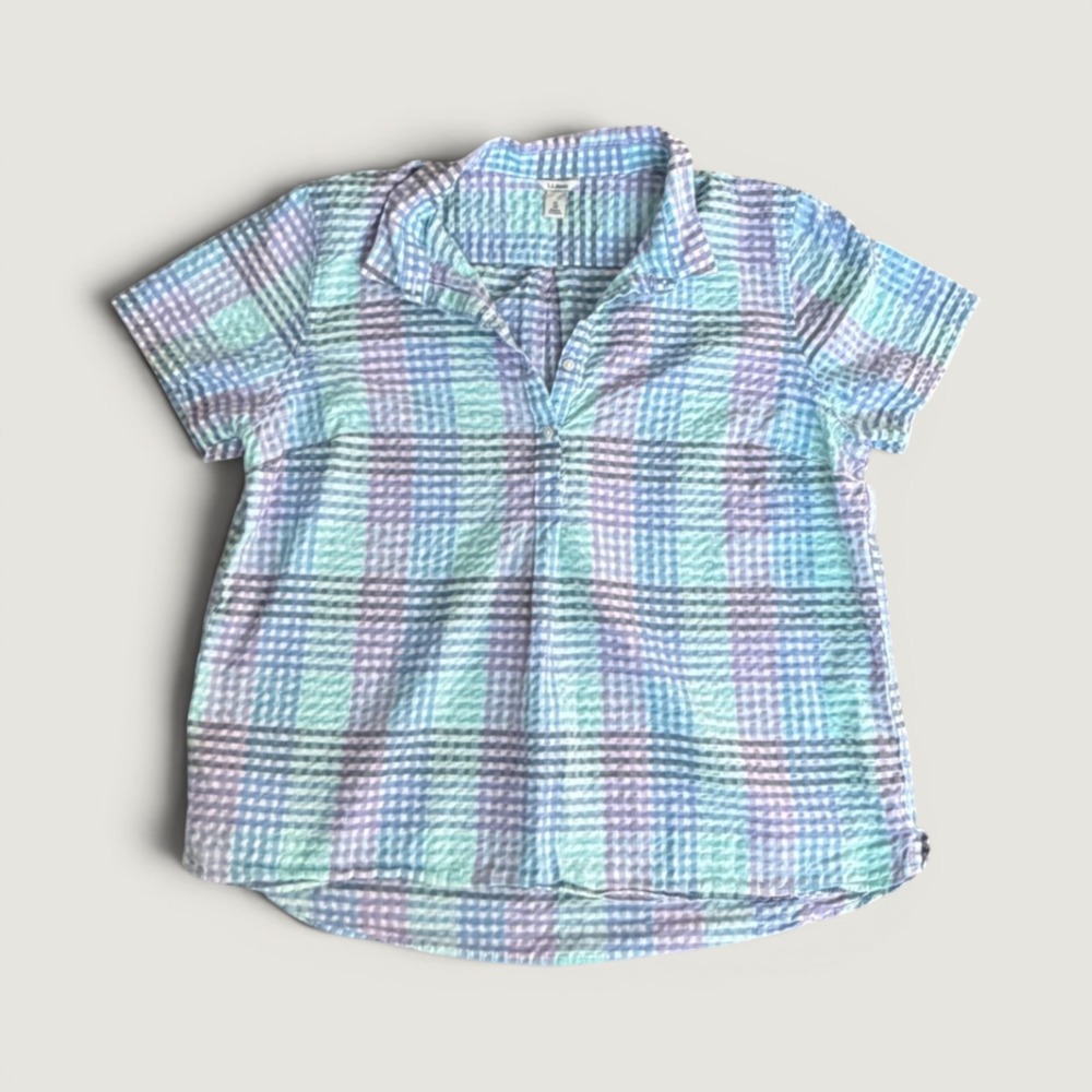 LL Bean Womens XL Seersucker Plaid Shirt Short Sleeve Cotton Blue Purple 510827